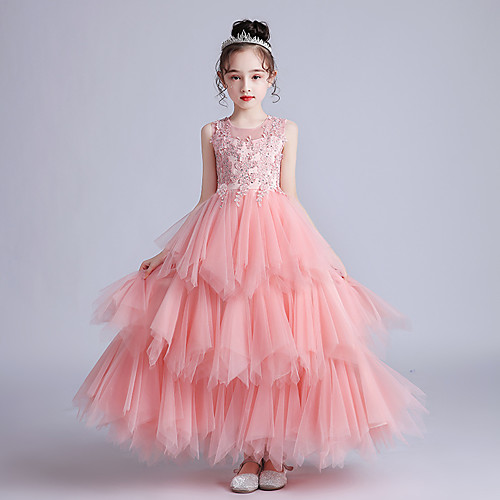 

Princess Ankle Length Junior Bridesmaid Dress Wedding Tulle Jewel Neck with Bow(s)