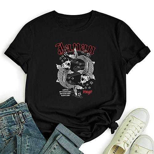 

Women's T shirt Graphic Letter Print Round Neck Tops 100% Cotton Basic Basic Top White Black Blue