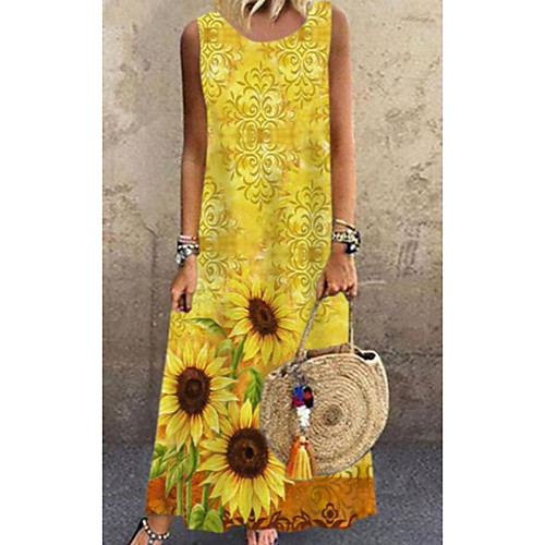 

Women's A Line Dress Maxi long Dress Yellow Sleeveless Floral Print Spring Summer Round Neck Casual Loose 2021 S M L XL XXL 3XL 4XL 5XL