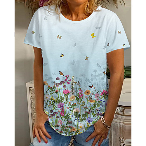 

Women's Going out Butterfly Painting T shirt Floral Graphic Butterfly Print Round Neck Basic Tops Light Blue