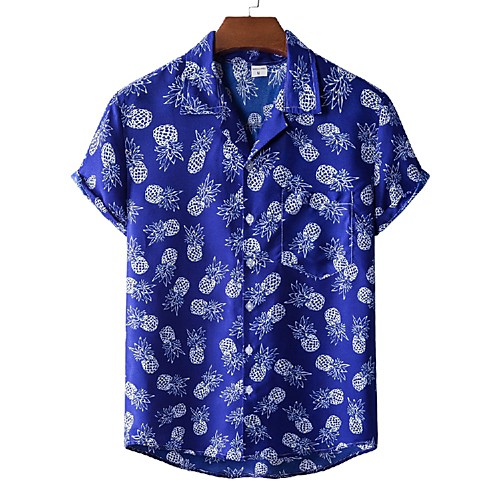 

Men's Shirt Other Prints Letter Animal Print Short Sleeve Daily Tops Beach Boho Button Down Collar Blue