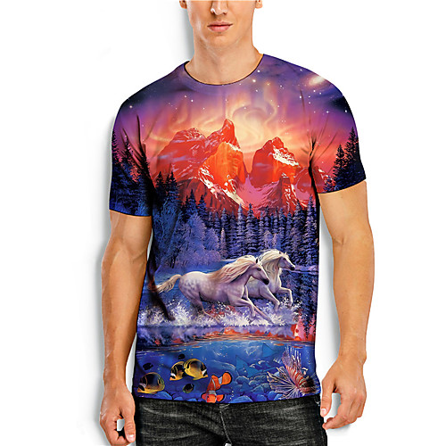 

Men's Tees T shirt 3D Print Graphic Prints Horse Animal Print Short Sleeve Daily Tops Casual Designer Big and Tall Blue