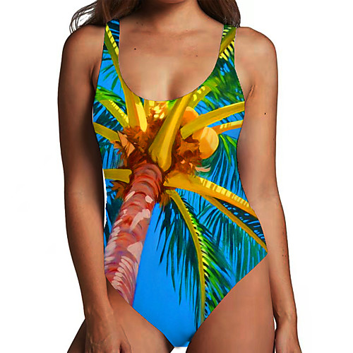 

Women's One Piece Monokini Swimsuit Tummy Control Print Tropical Leaf Blue Swimwear Bodysuit Strap Bathing Suits New Fashion Sexy / Padless