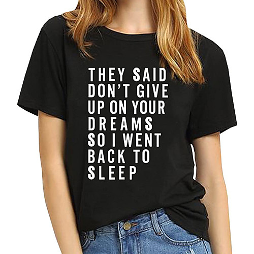 

Women's T shirt Text Letter Print Round Neck Tops 100% Cotton Basic Basic Top White Black