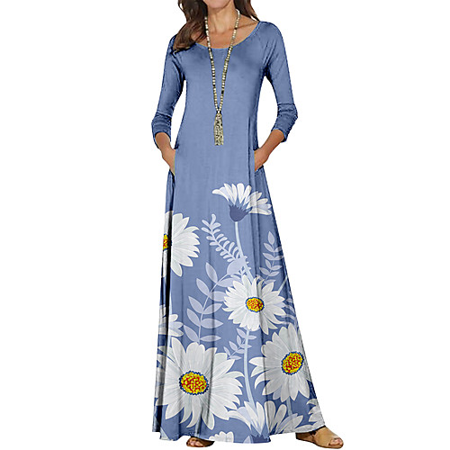 

Women's Sheath Dress Maxi long Dress Blue Long Sleeve Floral Color Block Print Fall Spring Round Neck Casual Holiday 2021 S M L XL XXL 3XL