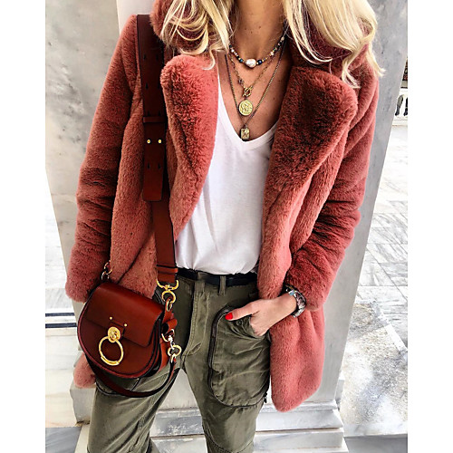 

Women's Faux Fur Coat Going out Fall & Winter Long Coat Regular Fit Jacket Long Sleeve Solid Colored Red Navy Blue