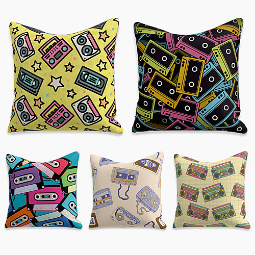

5 pcs Faux Linen Pillow Cover, Geometric Square Zipper Polyester Traditional Classic
