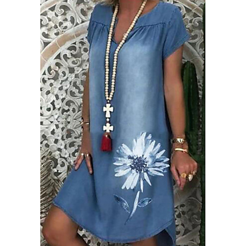 

Women's Denim Dress Knee Length Dress Blue Short Sleeve Floral Print Summer V Neck Elegant 2021 M L XL XXL 3XL