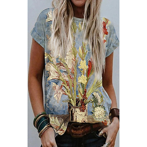

Women's T shirt Floral Round Neck Tops Basic Basic Top Light gray