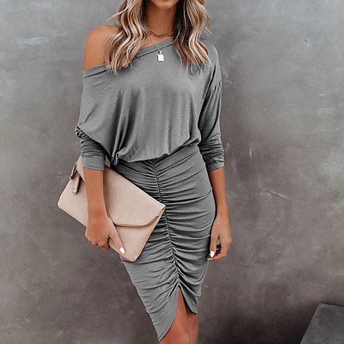 

Women's A Line Dress Knee Length Dress Purple Blushing Pink Gray Black 3/4 Length Sleeve Solid Color Summer One Shoulder Elegant 2021 S M L XL XXL