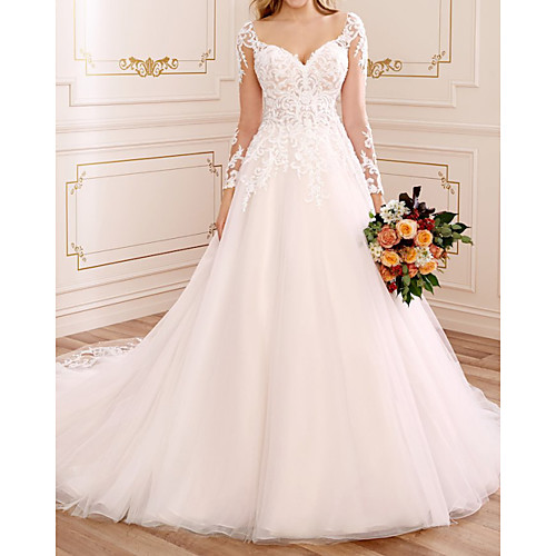 

A-Line Wedding Dresses V Neck Court Train Lace Tulle Long Sleeve Country Luxurious with Appliques 2021