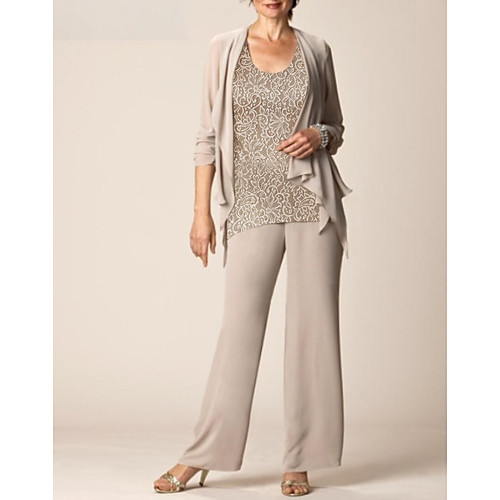 

Pantsuit / Jumpsuit Mother of the Bride Dress Wrap Included Scoop Neck Floor Length Chiffon Lace Long Sleeve with Lace 2021