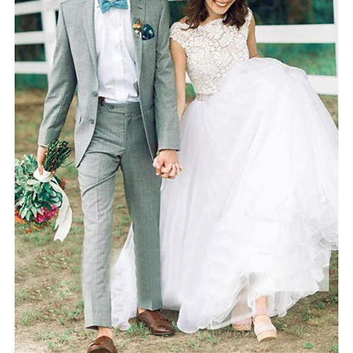 

A-Line Wedding Dresses Jewel Neck Sweep / Brush Train Lace Tulle Sleeveless Country Romantic Beach with Sashes / Ribbons Appliques 2021