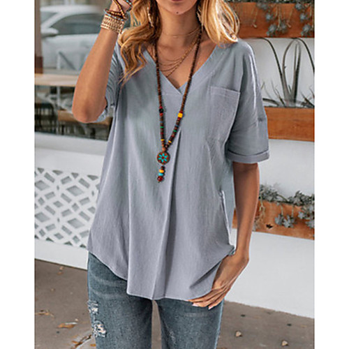 

Women's Plus Size Blouse Shirt Plain Pocket V Neck Elegant Streetwear Tops Yellow Gray