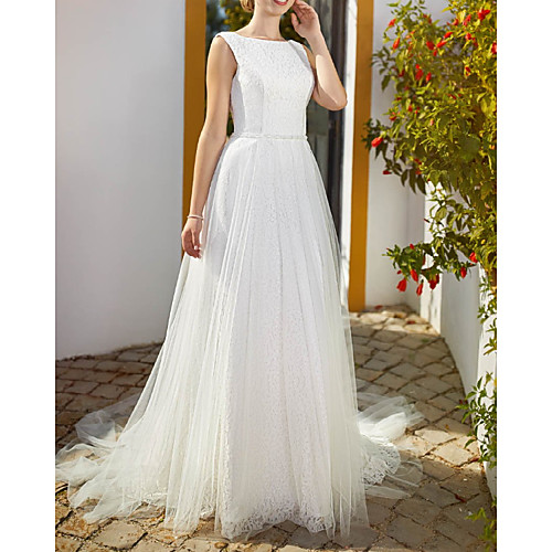 

A-Line Wedding Dresses Jewel Neck Floor Length Lace Tulle Sleeveless Country Romantic with 2021