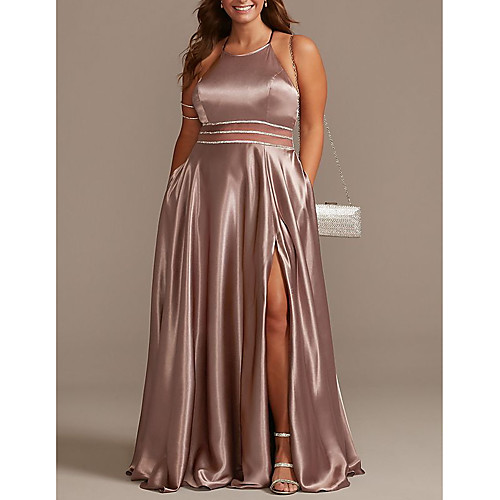 

A-Line Beautiful Back Minimalist Wedding Guest Prom Dress Halter Neck Sleeveless Floor Length Charmeuse with Pleats Split 2021