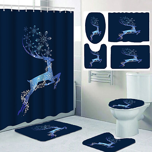 

Snowflake Elk Printed Bathroom Shower Curtain Leisure Toilet Four-piece Set