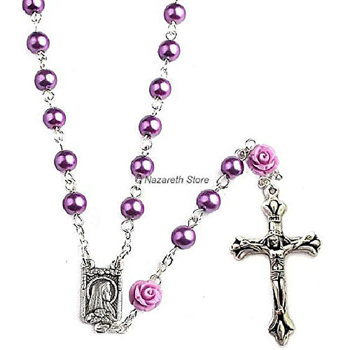 

Catholic Pearl Beads Rosary Necklace Our Rose Lourdes Medal & Cross NS