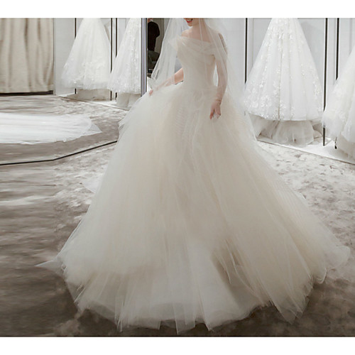 

Princess Ball Gown Wedding Dresses Off Shoulder Floor Length Tulle Short Sleeve Country with Ruched 2021