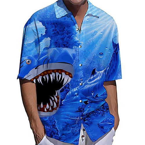 

Men's Shirt 3D Print Graphic Prints Shark Animal Button-Down Print Short Sleeve Daily Tops Casual Designer Big and Tall Blue / Summer