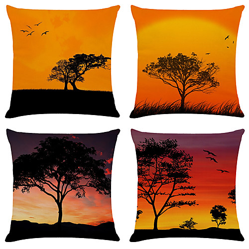 

4 pcs Faux Linen Pillow Cover, Floral&Plants Simple Classic Square Zipper Traditional Classic