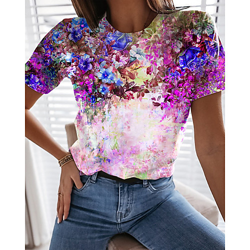 

Women's Going out Floral Theme Painting T shirt Floral Graphic 3D Print Round Neck Basic Tops Blue Purple Green