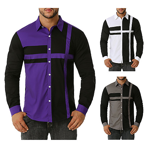 

Men's Shirt Other Prints Color Block Long Sleeve Daily Tops Cotton White Purple Gray