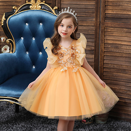 

Princess Knee Length Junior Bridesmaid Dress Party Tulle V Neck with Sash / Ribbon