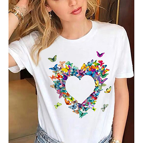 

Women's Butterfly T shirt Graphic Butterfly Heart Print Round Neck Basic Tops 100% Cotton White Black