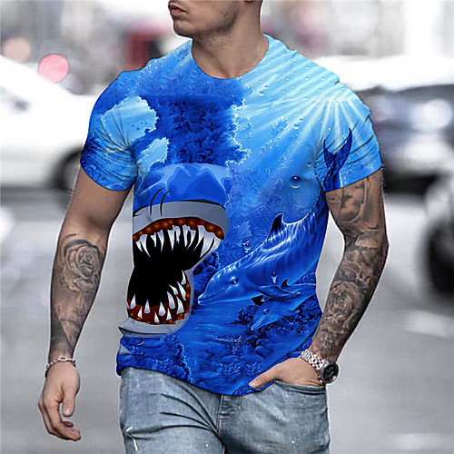 

Men's Tee T shirt Shirt 3D Print Graphic Prints Shark Animal Print Short Sleeve Daily Tops Casual Designer Big and Tall Round Neck Blue / Summer