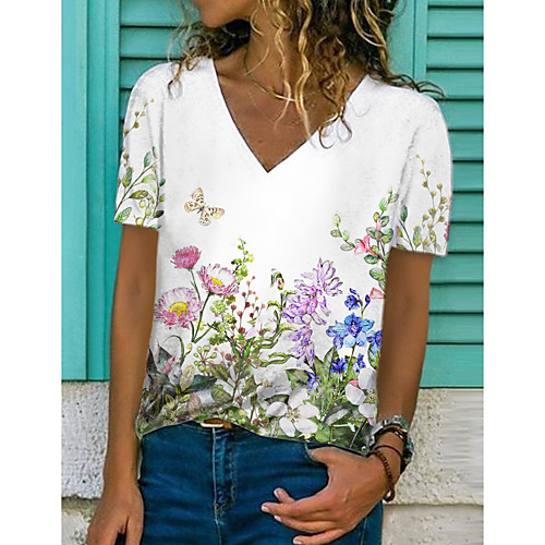 

Women's Floral Theme Painting T shirt Floral Graphic Print V Neck Basic Tops White