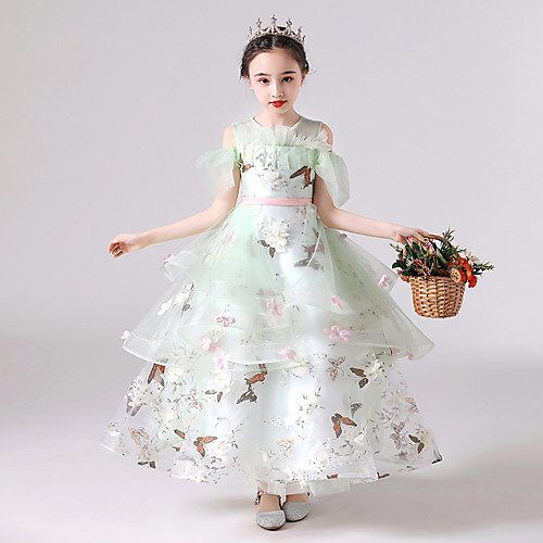 

Princess Floor Length Flower Girl Dresses Wedding Tulle Short Sleeve Jewel Neck with Pendant / Formal Evening