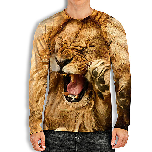 

Men's Tees T shirt 3D Print Graphic Prints Lion Animal Print Long Sleeve Daily Tops Basic Casual Khaki