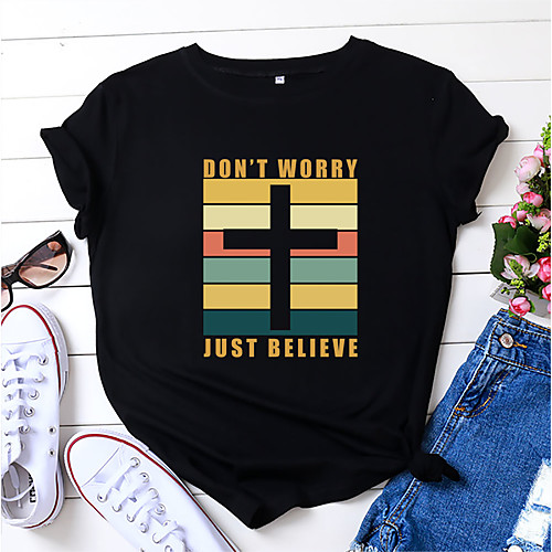 

Women's T shirt Graphic Color Block Print Round Neck Tops 100% Cotton Basic Basic Top White Black Blue