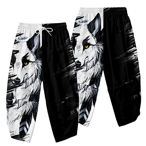 

Men's Casual / Sporty Athleisure Daily Sports Harem Loose Wide Leg Pants Wolf Full Length 3D Print Elastic Waist Black / White