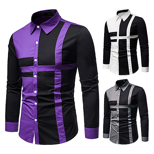 

Men's Shirt Other Prints Color Block Long Sleeve Daily Tops Cotton White Purple Gray