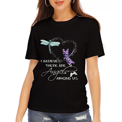 

Women's T shirt Graphic Text Print Round Neck Tops Basic Basic Top Black