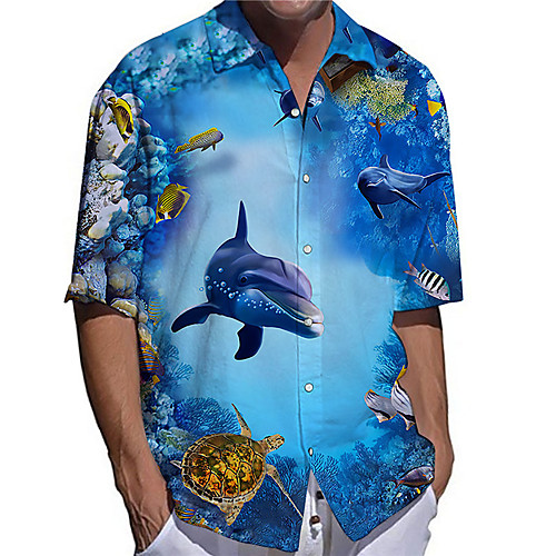 

Men's Shirt 3D Print Graphic Prints Shark Animal Button-Down Print Short Sleeve Daily Tops Casual Designer Big and Tall Blue