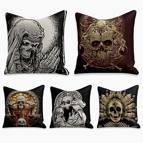

5 pcs Linen Pillow Cover, Halloween Square Zipper Polyester Traditional Classic