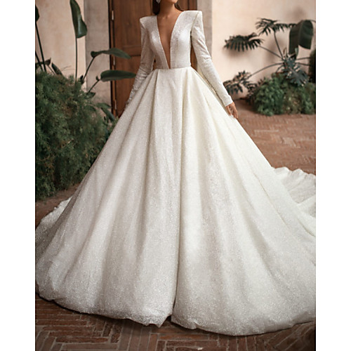 

A-Line Wedding Dresses Plunging Neck Chapel Train Lace Sequined Long Sleeve Country Formal Luxurious with 2021