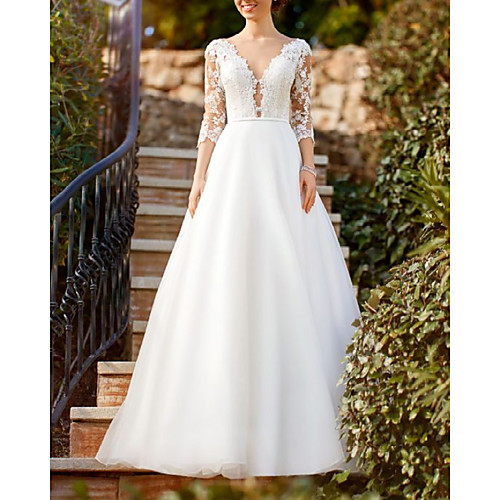 

A-Line Wedding Dresses V Neck Floor Length Lace Tulle 3/4 Length Sleeve Country Romantic with Appliques 2021