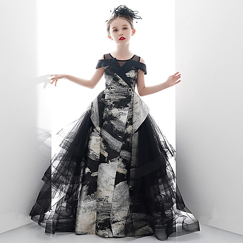 

Princess Sweep / Brush Train Flower Girl Dresses Party Tulle Long Sleeve Jewel Neck with Trim