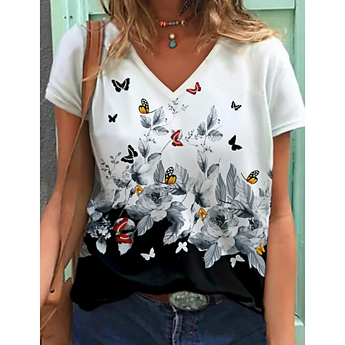

Women's Floral Theme Butterfly Painting T shirt Floral Graphic Butterfly Print V Neck Basic Tops White
