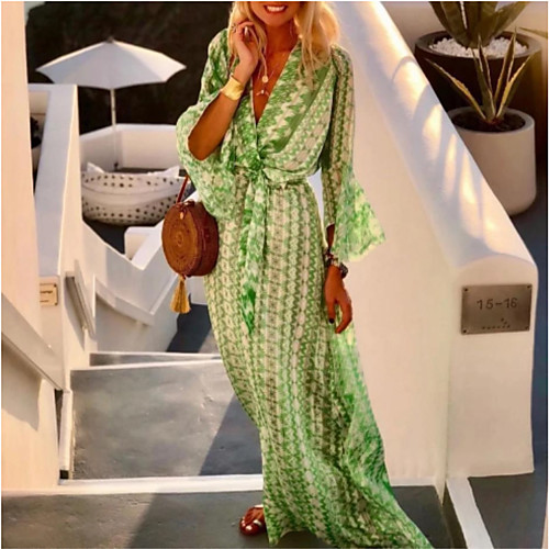 

Women's Swing Dress Maxi long Dress Blushing Pink Green 3/4 Length Sleeve Geometric Print Spring Summer V Neck Boho Holiday Flare Cuff Sleeve Loose 2021 S M L XL XXL 3XL