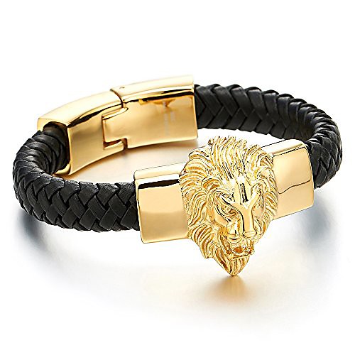 

Mens Large Braided Leather Bracelet with Steel Gold Color Lion and Black Genuine Leather Straps