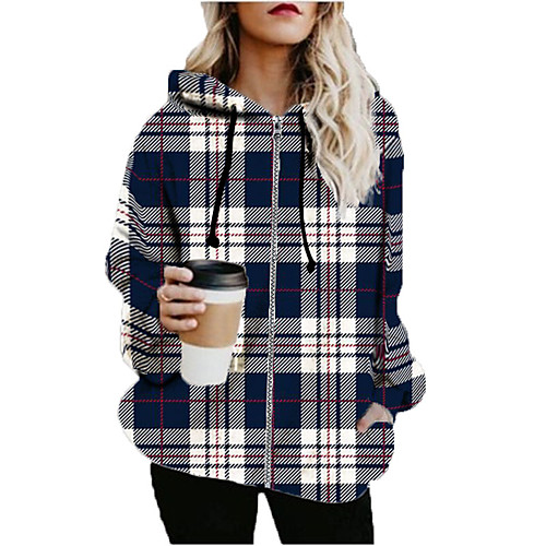 

Women's Hoodied Jacket Sports Fall & Winter Long Coat Loose Jacket Long Sleeve Plaid Print Blue