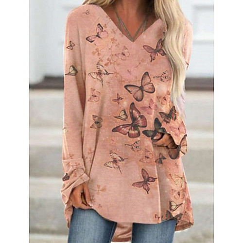 

Women's T shirt Butterfly Long Sleeve Print V Neck Tops Basic Basic Top Blue Khaki