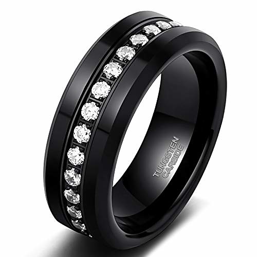 

trumium 8mm mens cz rings black tungsten wedding band simulated diamond inlay channel set high polished comfort fit size 8.5