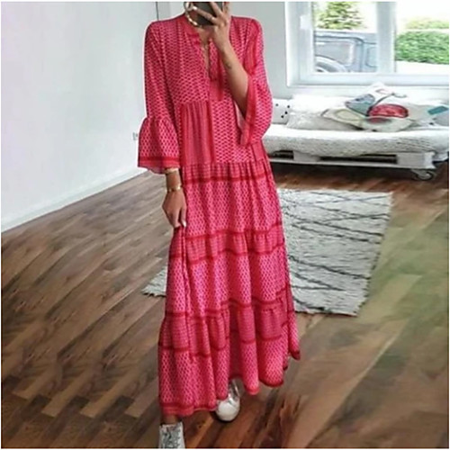 

Women's Swing Dress Maxi long Dress Red 3/4 Length Sleeve Geometric Patchwork Print Spring Summer V Neck Casual Boho Holiday Flare Cuff Sleeve Loose 2021 S M L XL XXL 3XL