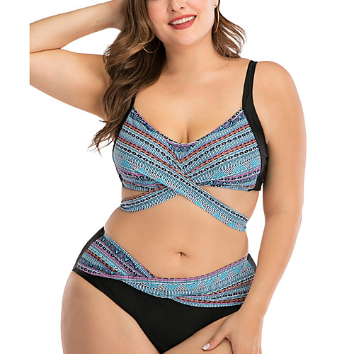 

Women's Plus Size Padded Fashion Sexy Bikini 2 Piece Swimsuit Tummy Control Push Up Solid Colored Strap Swimwear Bathing Suits Blue / Color Block